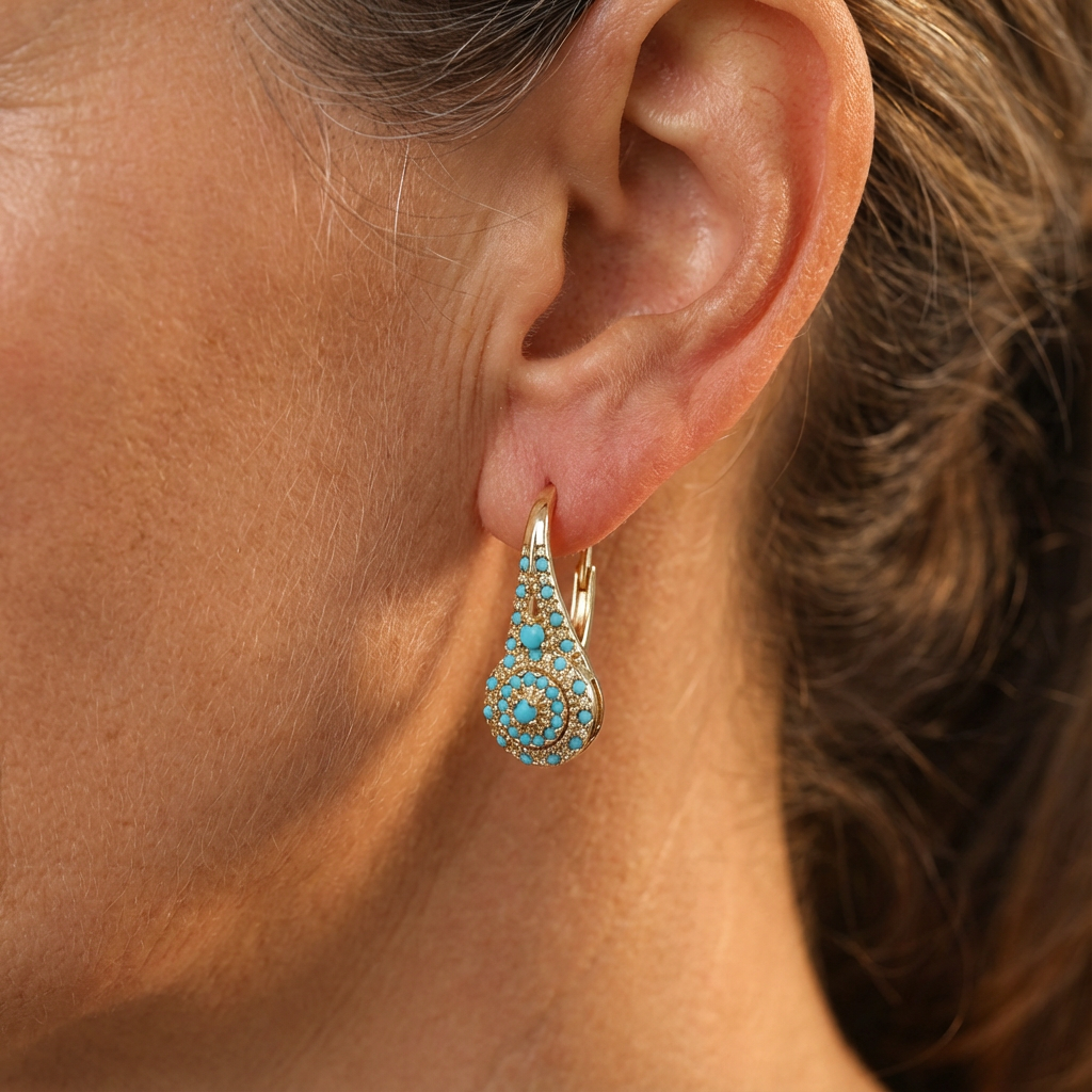 Boucles d’oreilles turquoise goutte avec détails dorés