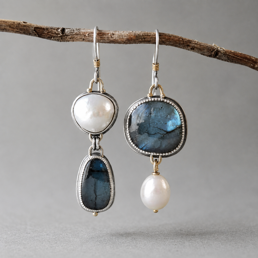 Boucles d’oreilles vintage en pierre bleue avec perles