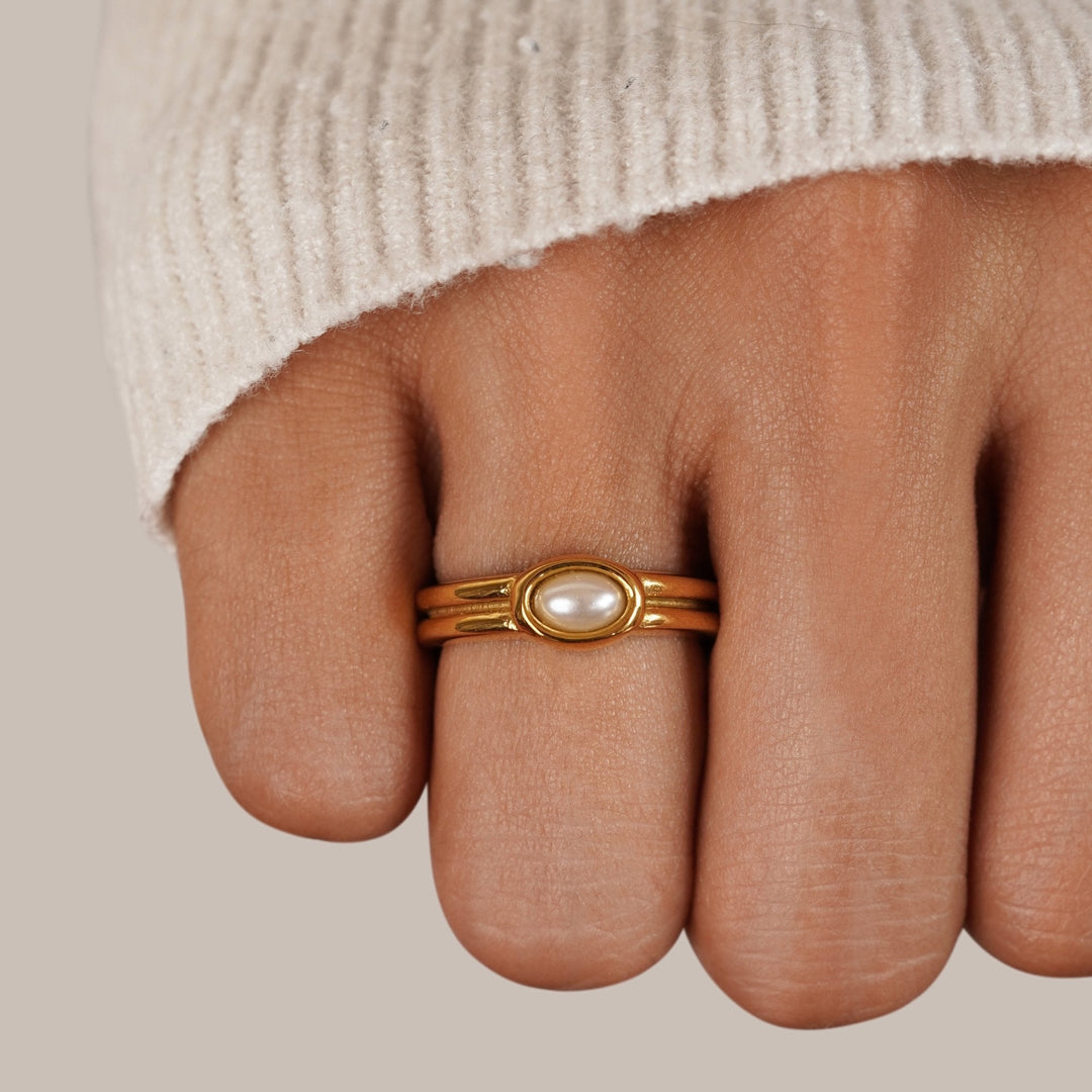 Bague large perle 18K dorée