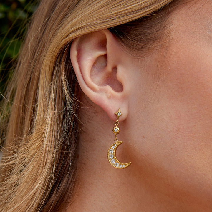 Boucles d’oreilles dorées Lune & Étoiles en cristal