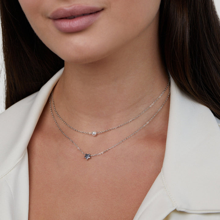 Collier z vrstveného striebra so hviezdou a perlou
