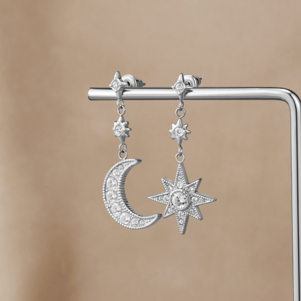 Boucles d’oreilles argentées Lune & Étoile en cristal